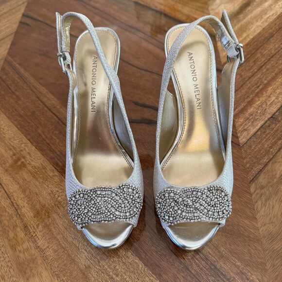 Antonio Melani Silver Peep Toe Kitten Heels Rhinestone Detail Silver Snakeskin - Picture 8 of 8